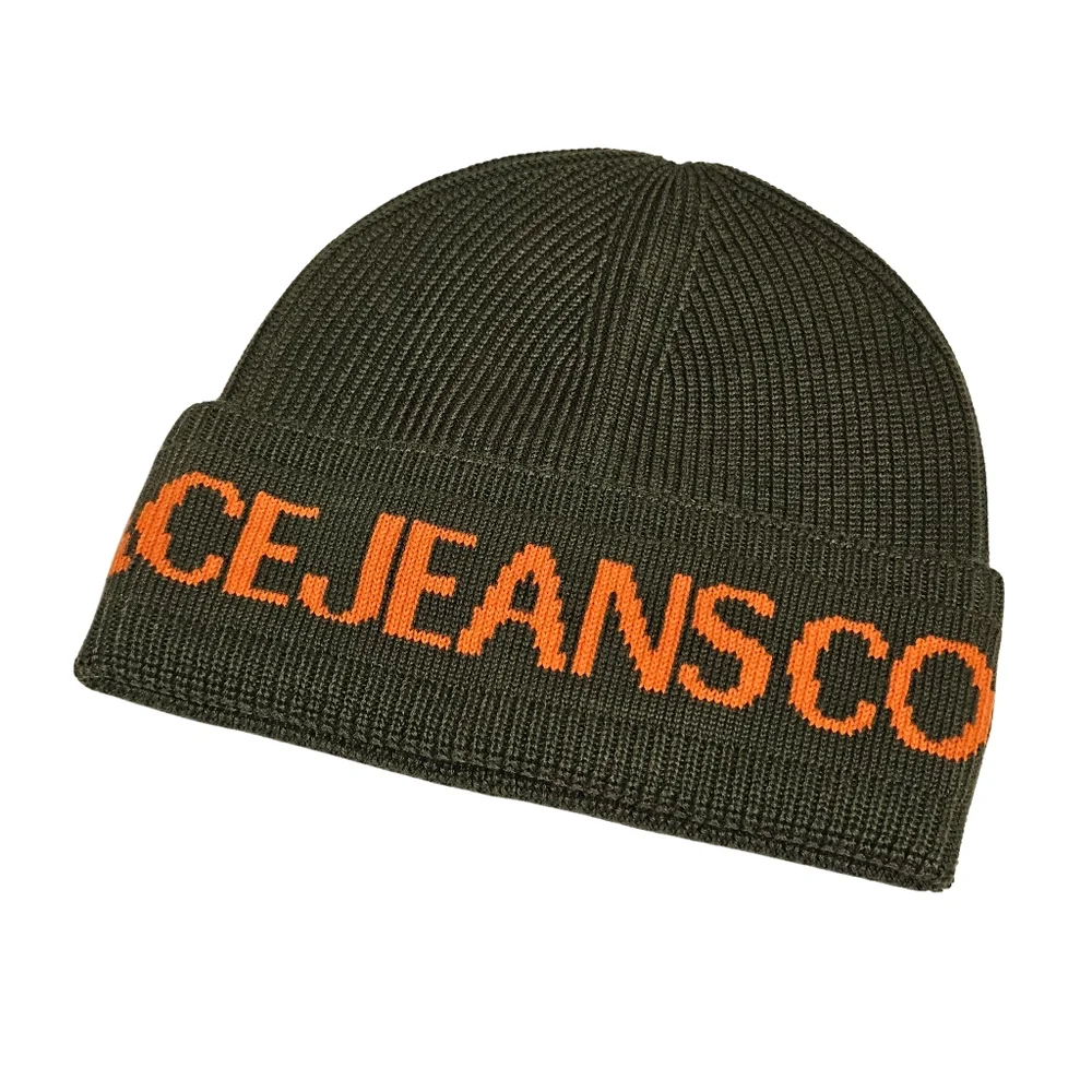 Versace Jeans Hat Beanie Dark Olive Orange Wool Blend Logo Designer